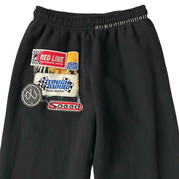 Riley Vintage All Patched Up Sweatpants in Black Racing Patches Size Medium - Picture 2 of 5